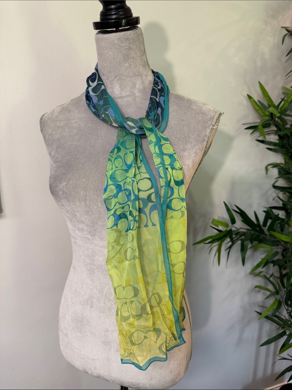 Coach silk Lime Green and Teal Logo Print Scarf - Picture 3 of 12